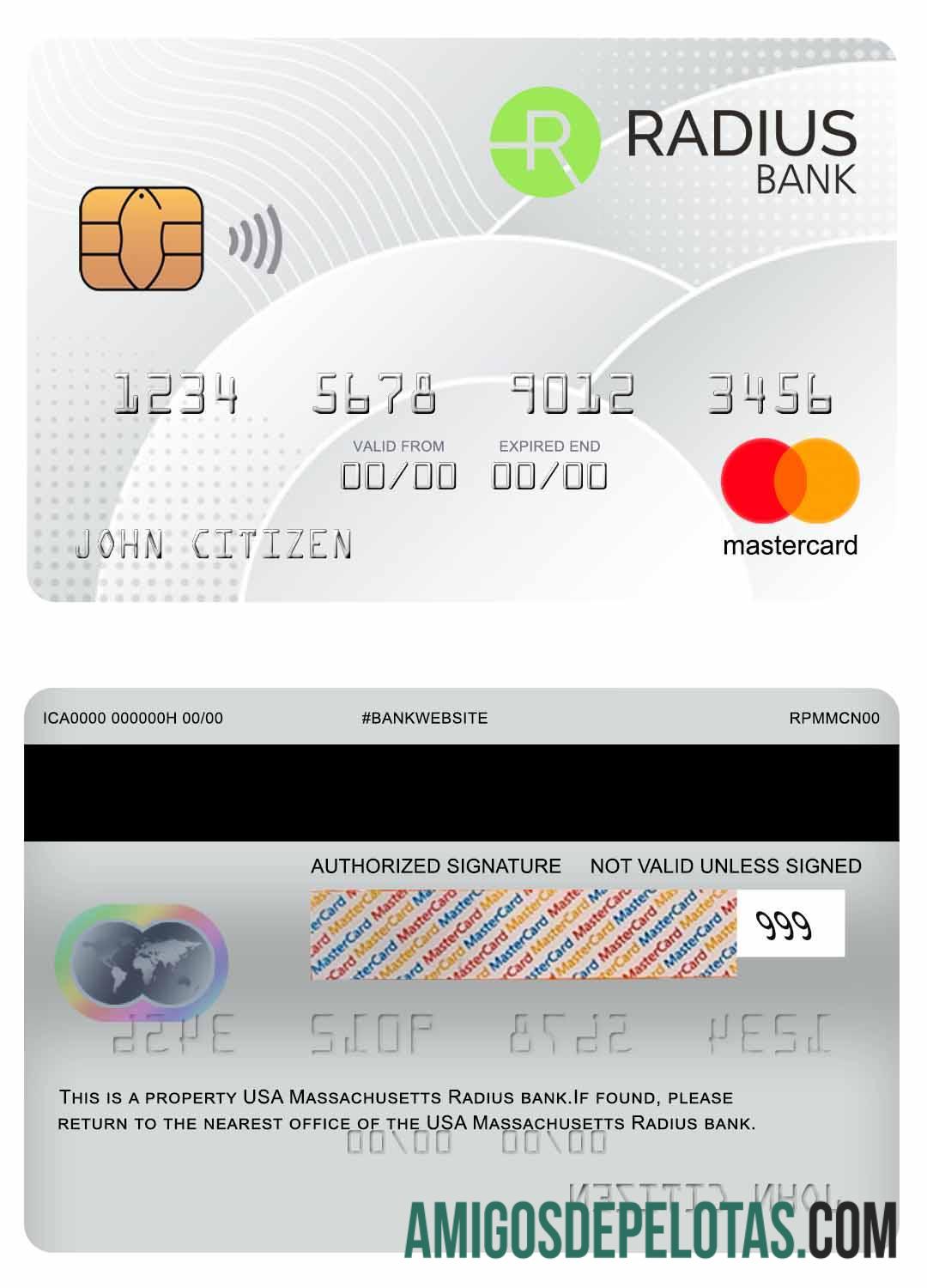 Cartão Mastercard do Banco Massachusetts Radius dos EUA exemplo